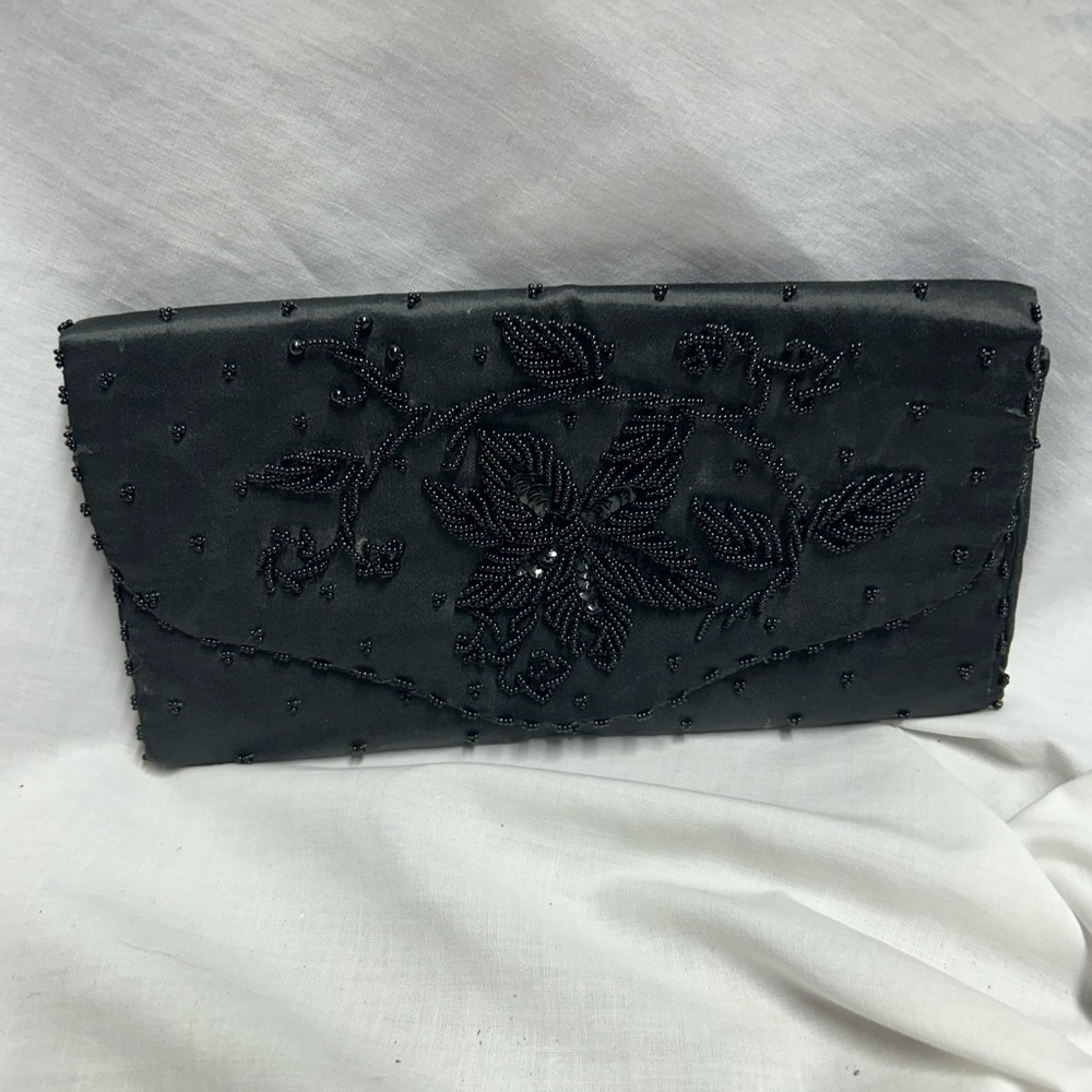 Nice Vintage Art Deco Clutch Black Beaded Sequin Satin Made In Hong Kong - Picture 3 of 9